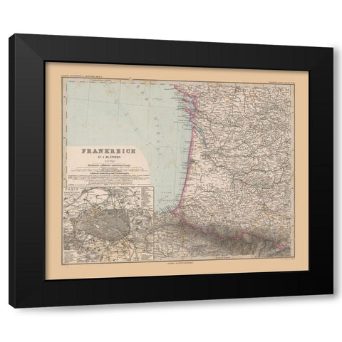 Southwestern France - Stieler 1885 Black Modern Wood Framed Art Print by Stieler