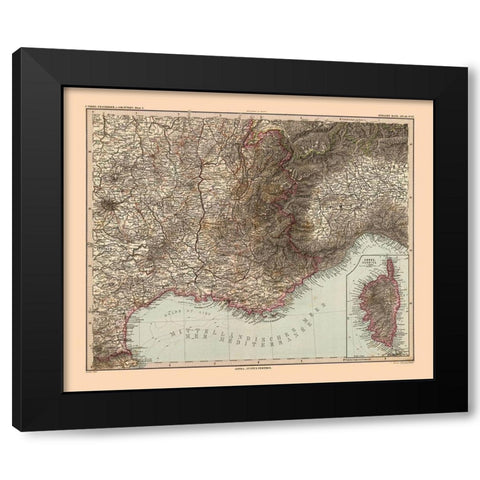 Southeastern France - Stieler 1885 Black Modern Wood Framed Art Print by Stieler