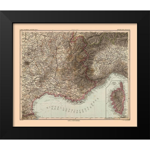 Southeastern France - Stieler 1885 Black Modern Wood Framed Art Print by Stieler