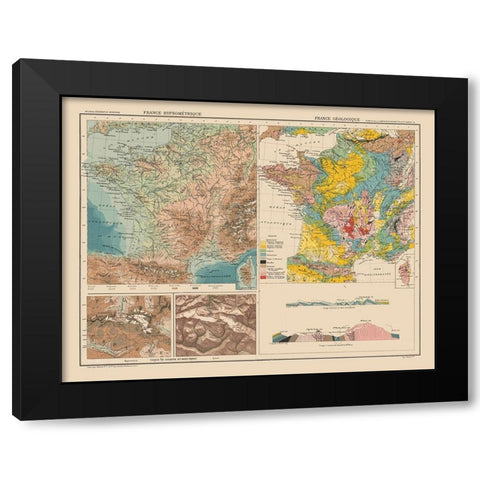 Hypsometric Geological France - Schrader 1908 Black Modern Wood Framed Art Print with Double Matting by Schrader