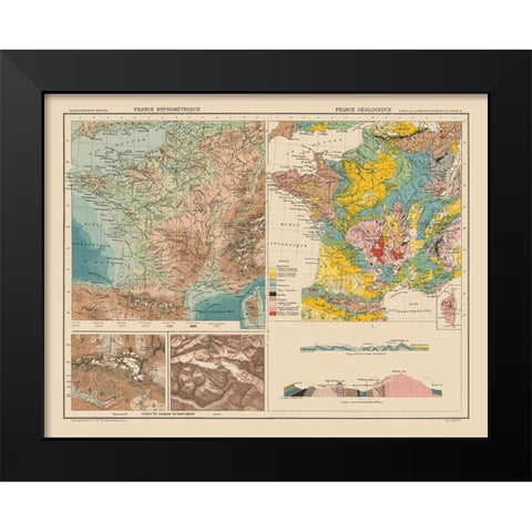 Hypsometric Geological France - Schrader 1908 Black Modern Wood Framed Art Print by Schrader