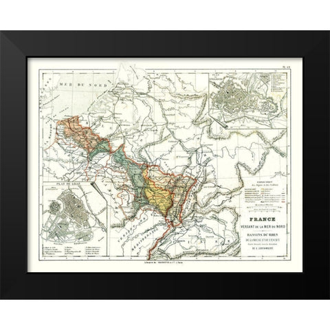 Basins of Rhine North Sea France - Cortambert 1880 Black Modern Wood Framed Art Print by Cortambert