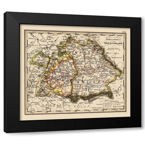 Southwest Germany - Stieler 1852 Black Modern Wood Framed Art Print with Double Matting by Stieler