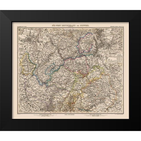Southwest Germany Switzerland - Stieler 1885 Black Modern Wood Framed Art Print by Stieler