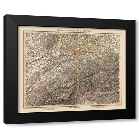 Southwest Germany Switzerland - Stieler 1885 Black Modern Wood Framed Art Print with Double Matting by Stieler