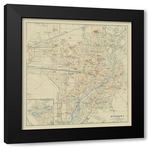 West Munich Germany - Baedeker 1914 Black Modern Wood Framed Art Print by Baedeker