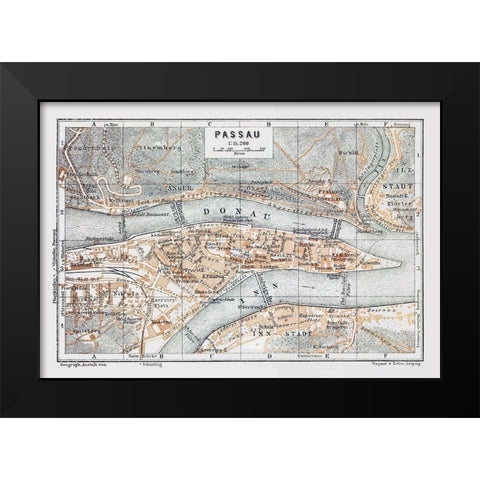 Passau Germany - Baedeker 1914 Black Modern Wood Framed Art Print by Baedeker