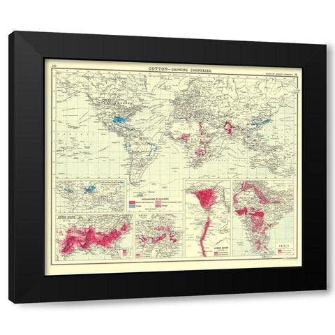 Global Cotton Growing Contries - Bartholomew 1907 Black Modern Wood Framed Art Print by Bartholomew