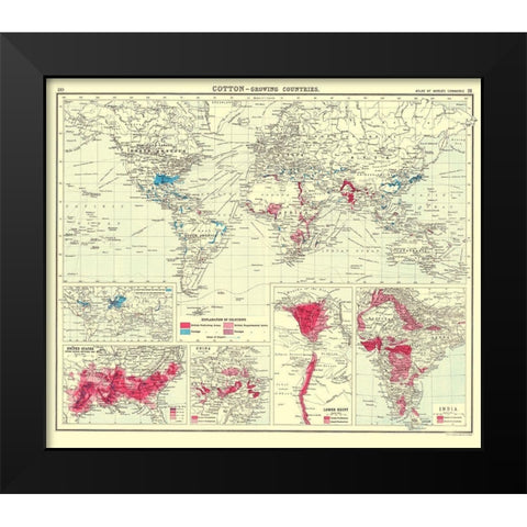 Global Cotton Growing Contries - Bartholomew 1907 Black Modern Wood Framed Art Print by Bartholomew