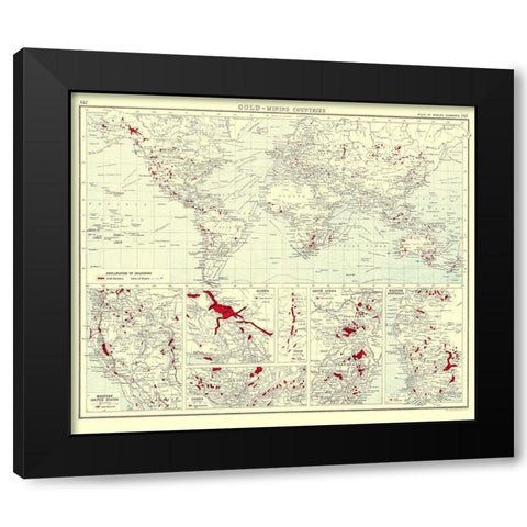 Global Gold Mining Countries - Bartholomew 1907 Black Modern Wood Framed Art Print by Bartholomew