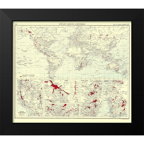 Global Gold Mining Countries - Bartholomew 1907 Black Modern Wood Framed Art Print by Bartholomew