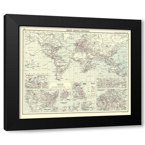 Global Iron Mining Countries - Bartholomew 1907 Black Modern Wood Framed Art Print by Bartholomew