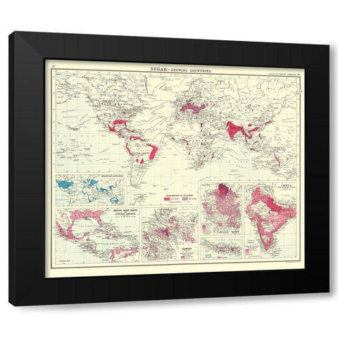 Global Sugar Growing Countries - Bartholomew 1907 Black Modern Wood Framed Art Print by Bartholomew