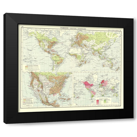 Global Timber Growing Countries - Bartholomew 1907 Black Modern Wood Framed Art Print by Bartholomew