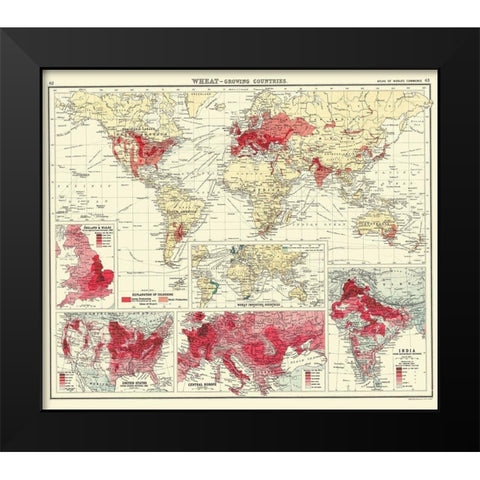 Global Wheat Growing Countries - Bartholomew 1907 Black Modern Wood Framed Art Print by Bartholomew