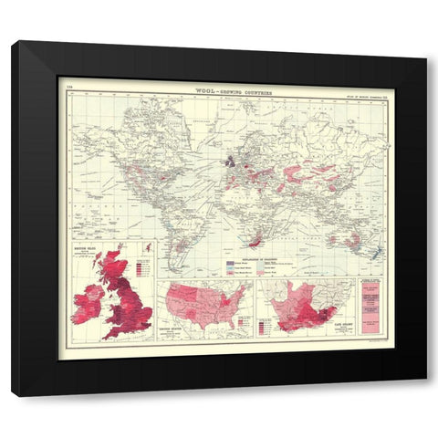 Global Wool Growing Countries - Bartholomew 1907 Black Modern Wood Framed Art Print by Bartholomew