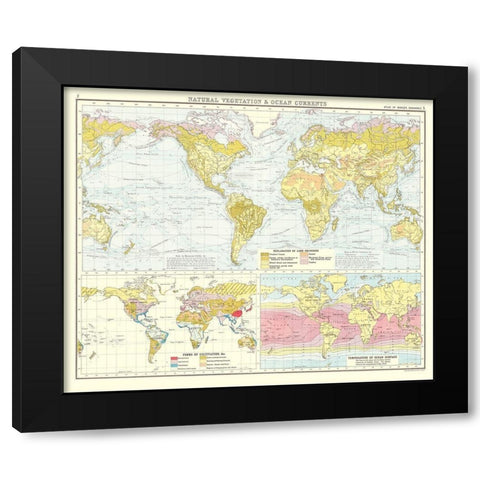 Global Natural Vegetation Ocean Currents Black Modern Wood Framed Art Print by Bartholomew