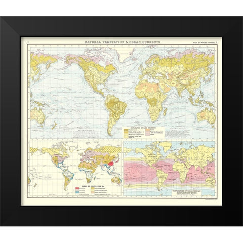 Global Natural Vegetation Ocean Currents Black Modern Wood Framed Art Print by Bartholomew