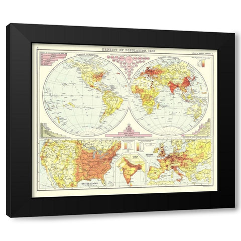 Global Density of Population - Bartholomew 1906 Black Modern Wood Framed Art Print by Bartholomew