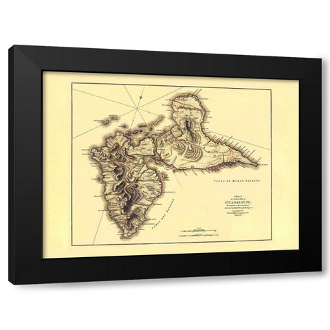 Caribbean Guadeloupe - Jefferys 1775 Black Modern Wood Framed Art Print with Double Matting by Jefferys