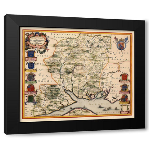 Hampshire County England - Blaeu 1646 Black Modern Wood Framed Art Print with Double Matting by Blaeu