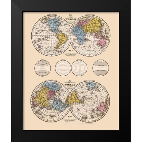 Hemispheres Equatorial Polar Projections - Mit Black Modern Wood Framed Art Print by Mitchell