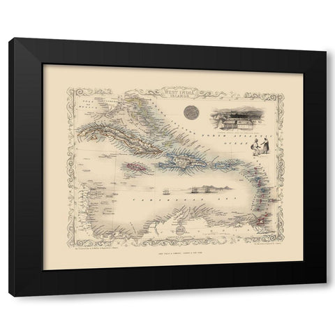 Caribbean Islands West Indies - Tallis 1851 Black Modern Wood Framed Art Print with Double Matting by Tallis