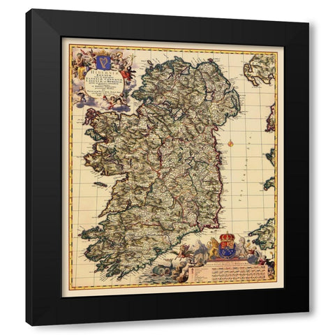 Ireland - Visscher 1689 Black Modern Wood Framed Art Print with Double Matting by Visscher