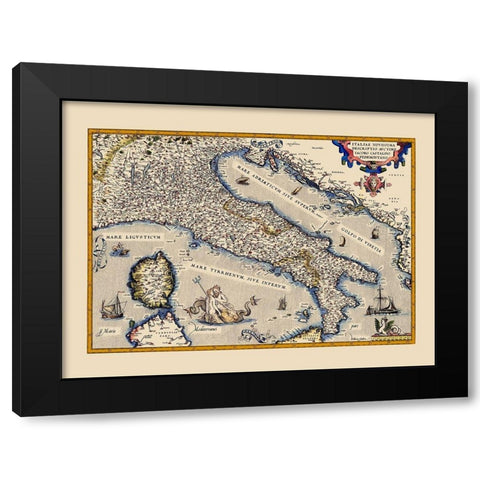 Italy - Ortelius 1570 Black Modern Wood Framed Art Print by Ortelius