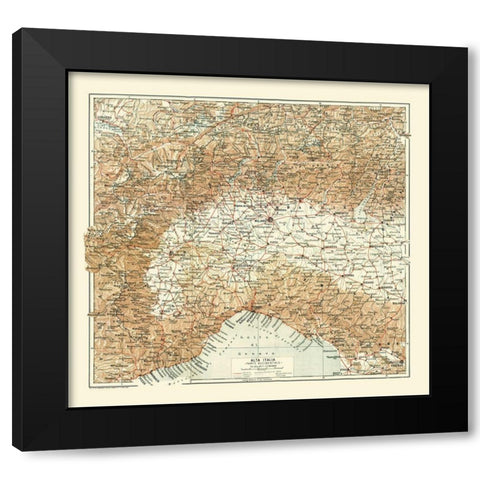 Northwestern Italy - Bertarelli 1914 Black Modern Wood Framed Art Print with Double Matting by Bertarelli