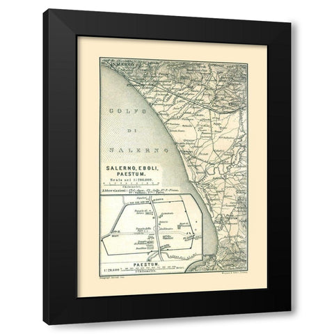 Salerno Eboli Paestrum Italy - Baedeker 1880 Black Modern Wood Framed Art Print by Baedeker