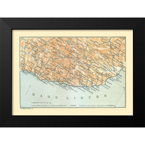 Ligurian Sea Italy - Bertarelli 1914 Black Modern Wood Framed Art Print by Bertarelli