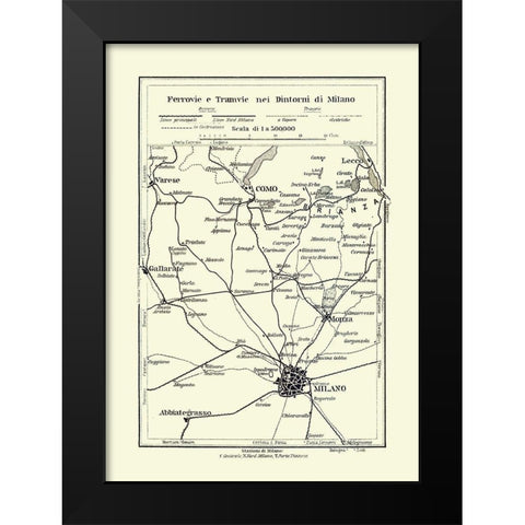 Routes to Milano Italy - Bertarelli 1914 Black Modern Wood Framed Art Print by Bertarelli