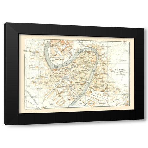 Verona Italy - Bertarelli 1914 Black Modern Wood Framed Art Print with Double Matting by Bertarelli