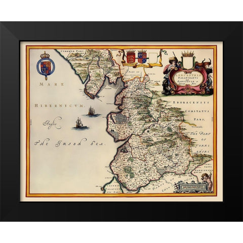 Lancashire County England - Blaeu 1645 Black Modern Wood Framed Art Print by Blaeu