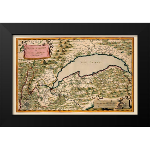 Lake Leman Region Switzerland France Europe Black Modern Wood Framed Art Print by Blaeu