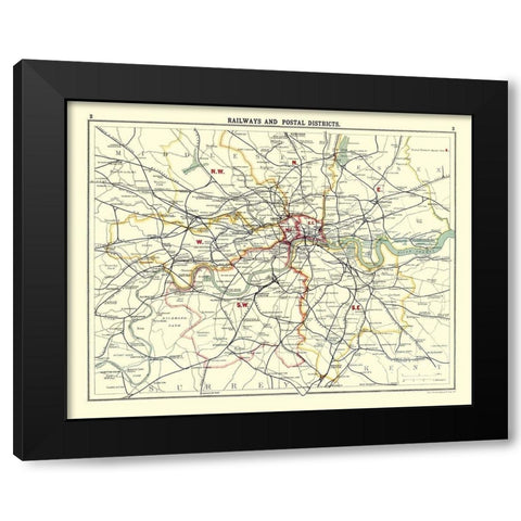 Railways Postal Districts London UK Black Modern Wood Framed Art Print by Bartholomew