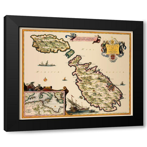 Mediterranean Malta - Visscher 1681 Black Modern Wood Framed Art Print with Double Matting by Visscher