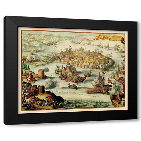 Nafplio Conquest Greece - DeHooghe 1686 Black Modern Wood Framed Art Print with Double Matting by De Hooghe