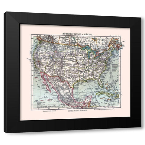 North America United States Mexico - Perthes 1921 Black Modern Wood Framed Art Print by Perthes
