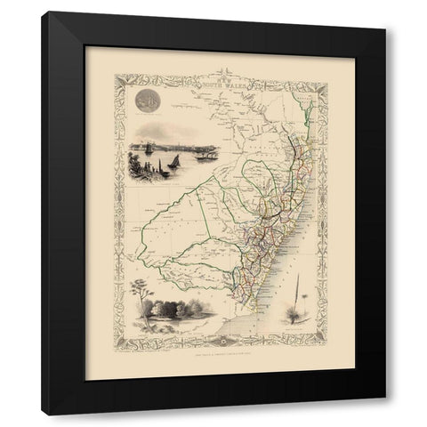 New South Wales Van Diemens Land Australia Black Modern Wood Framed Art Print with Double Matting by Tallis