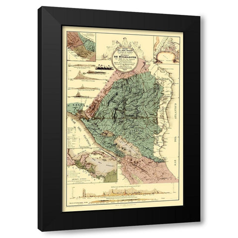 Central America Nicaragua Canal Topographic Black Modern Wood Framed Art Print with Double Matting by Dupuy