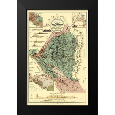 Central America Nicaragua Canal Topographic Black Modern Wood Framed Art Print by Dupuy