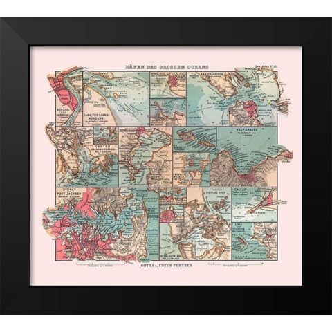 Major Ports Oceans - Perthes 1914 Black Modern Wood Framed Art Print by Perthes