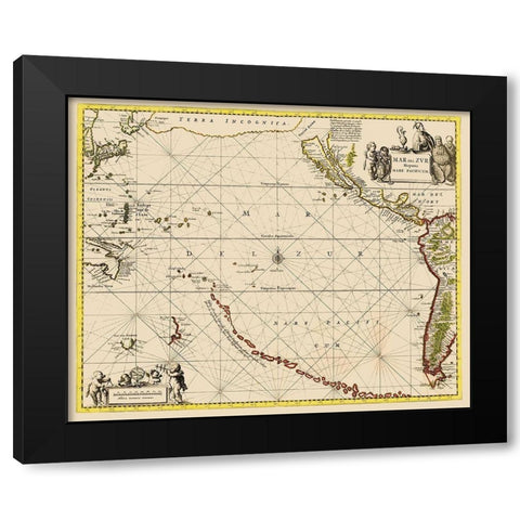 Pacific Ocean Chart - Jansson 1650 Black Modern Wood Framed Art Print by Jansson