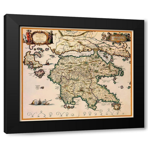 Peloponnese Region Greece - Jansson 1654 Black Modern Wood Framed Art Print by Jansson