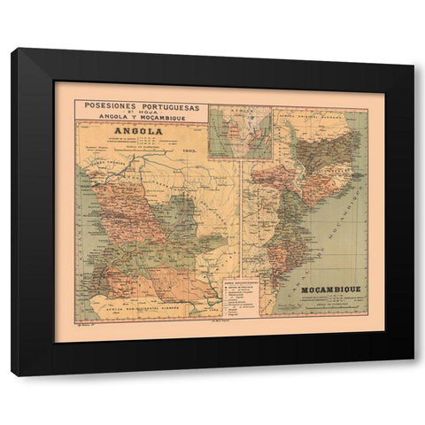 Portuguese Possessions Africa Mozambique Angola Black Modern Wood Framed Art Print by Martine