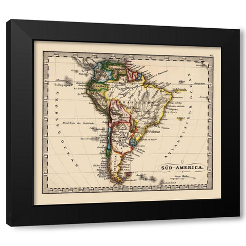 South America - Stieler 1852 Black Modern Wood Framed Art Print with Double Matting by Stieler