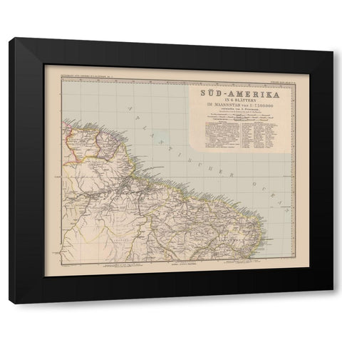 South America Brazil Suriname - Stieler 1885 Black Modern Wood Framed Art Print with Double Matting by Stieler