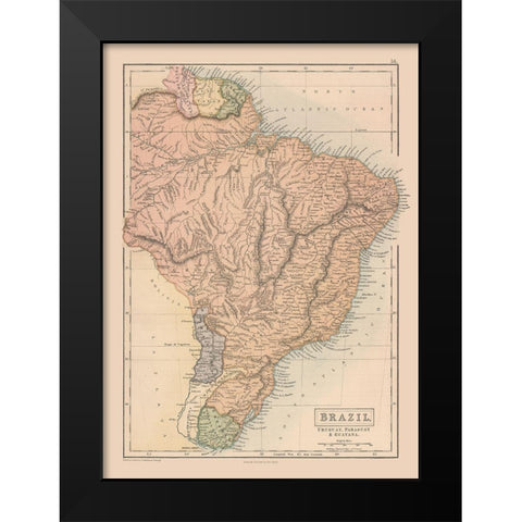 South America Brazil Uruguay Paraguay Guayana Black Modern Wood Framed Art Print by Black